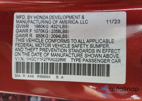 2024 Honda Accord Lx из США, поврежденный, VIN 1HGCY1F27RA022896